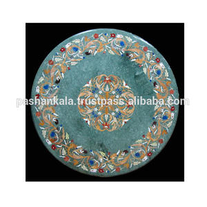 Mesa con Incrustaciones de Mármol Verde Indio, Tablero de Mesa de Comedor con Trabajo en Piedra - Product Image 1