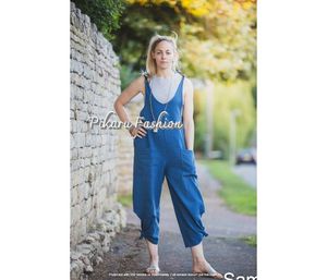 ใหม่ผู้หญิงElegantสีทึบข้อเท้าความยาวหลวมแขนกุดVคอผ้าลินินJumpsuitพร้อมกระเป๋า - Product Image 4