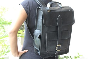 Sac à dos en cuir noir véritable, sac à dos d'université - Product Image 3