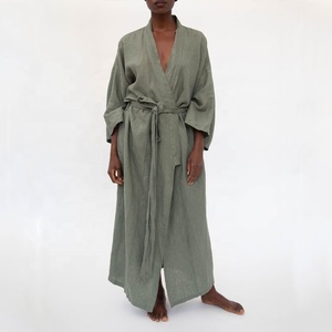 100% Linen New Arrivals Women Long Sleeve Pajamas Robe Full Length Waist Tie Kimono Sleepwear Robe