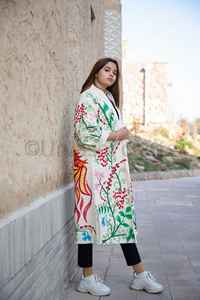 Manteau Chapan en coton naturel brodé pour femmes et filles, robe longue décorée de soie - Product Image 2