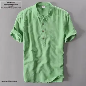 Mens sólido color Casual Henley camisa de lino con cuello de camisas