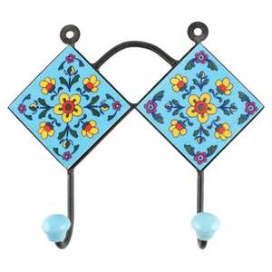 Turquoise Ceramic Flower Waterproof Wall Hooks Clothes Wall Holder Coat Wall Hangers Durable Indian Craft - Product Image 2