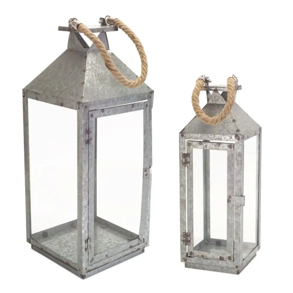 金属ランタン、ロープハンドル (亜鉛メッキ、座位、吊り下げ、キャンドルで使用)