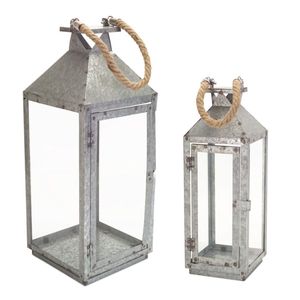 Metal <b>Lantern</b>, Rope Handle (Galvanized, Sitting, Hanging, Use with Candle) - Product Image 1