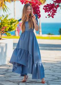 Été personnalisé Femmes Élégant Bleu Ciel Maxi Sans Manches Plage Bohème Robes Dames Col V Floral Maxi Casual Boho Robe - Product Image 2