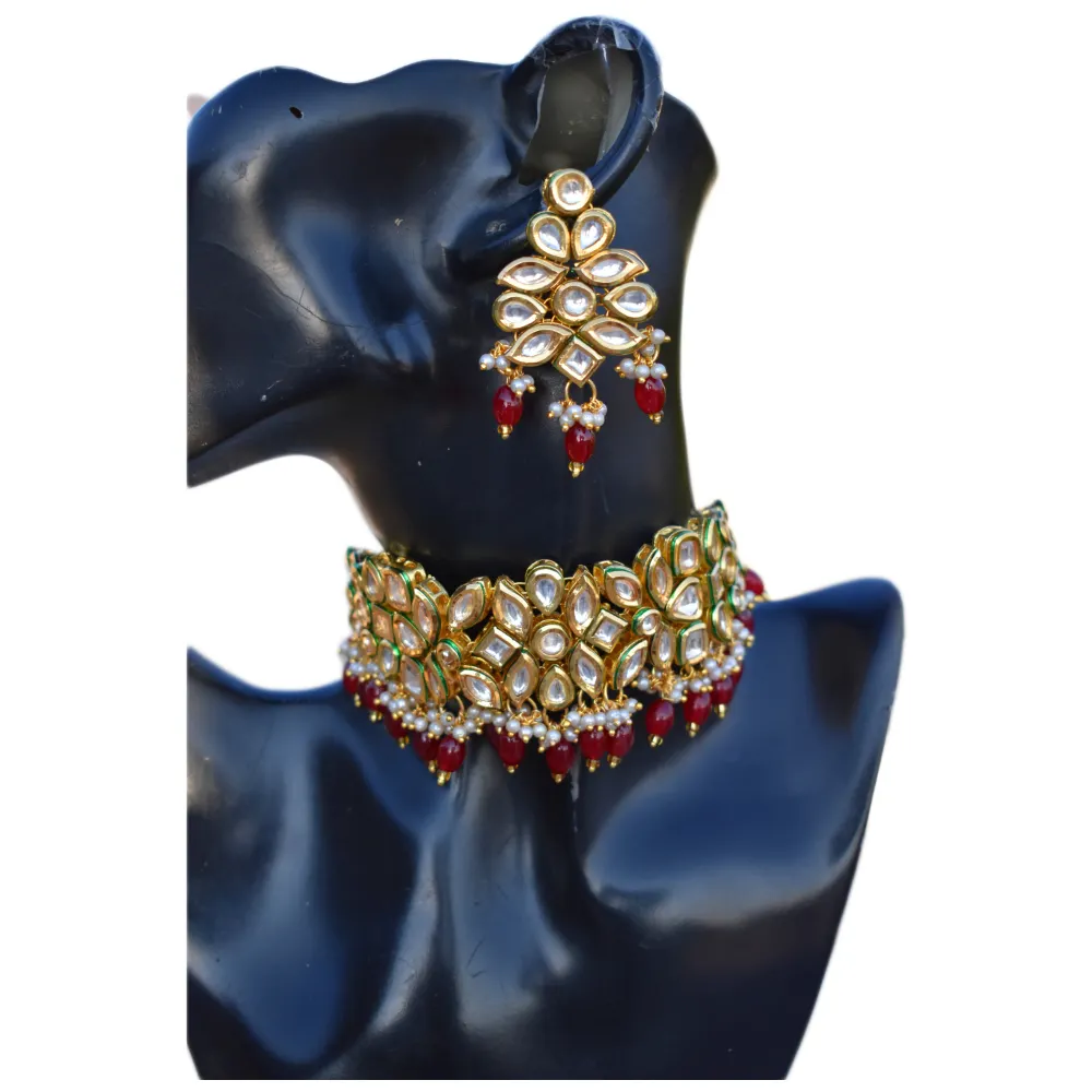 indan wholesale 2022 latest fashion beautiful traditional gold plated kundan beads choker necklace set for womens and girls