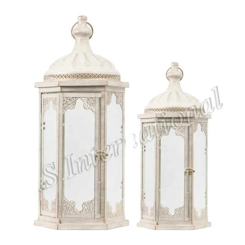 Stylish White Garden Decoration Wedding Lantern Set Of 2 Metal Lantern