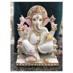Ganesha sentado en Singhasan para venta al por mayor y exportación, religioso, blanco puro, de mármol blanco de Vietnam - Product Image 1