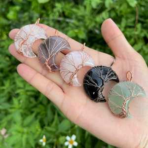 Pendentif arbre de vie croissant de lune/pendentif recouvert de fil de pierre précieuse/6 types de pierre de guérison cadeau en cristal - Product Image 3