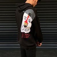 Büyük Beden %100 Pamuk 320 GSM Kışlık Erkek Chaplin Siyah Astarlı Kapüşonlu Sweatshirt Günlük Sokak Giysisi Kanguru Cepli Örme Baskılı