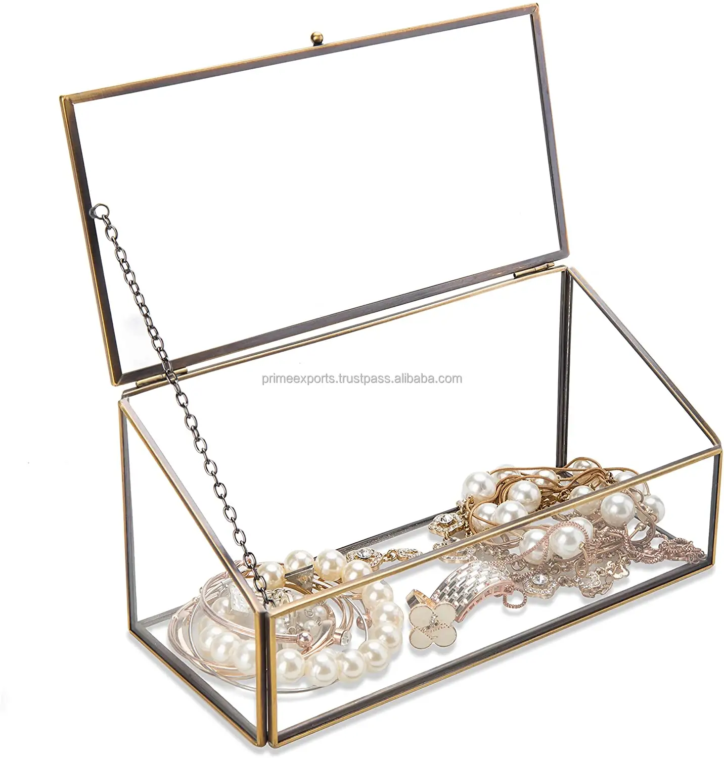 Dikdörtgen tasarım metal ve cam mücevher kutusu lüks kolye ve yüzük tutucu makyaj hediye kutusu sıcak satış cam kutu