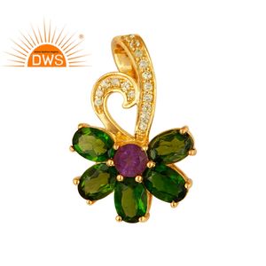 Peridoto verde Natural y amatista y piedra preciosa cromada, colgante de plata de ley chapada en oro de 18k, flor, proveedor de joyería - Product Image 1