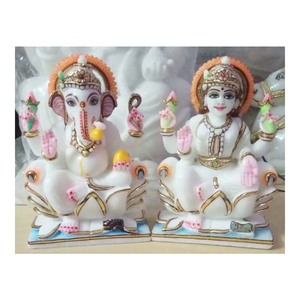 Handmade White Makrana Marble Laxmi Ganesh Sitting Statue - Product Image 1