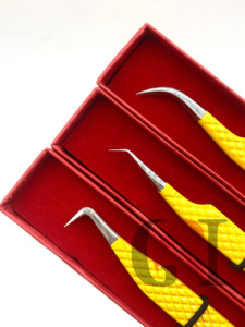Ensemble de pinces à cils en acier inoxydable avec revêtement en poudre jaune, outils de précision pour l'extension des cils, emballage en boîte rouge - Product Image 3