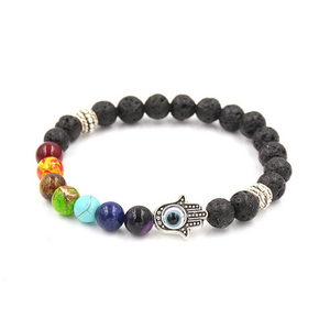 Vente en gros de pierre de lave Hamsa main Chakra Gemstone bracelet à breloques poli pour l'énergie de guérison, l'amour et la protection - Product Image 2