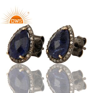 Pendientes de tuerca de diamante pavé para mujer, joyería de proveedor de boda, oro amarillo de 14k, zafiro azul, fabricante de joyas de piedras preciosas - Product Image 2