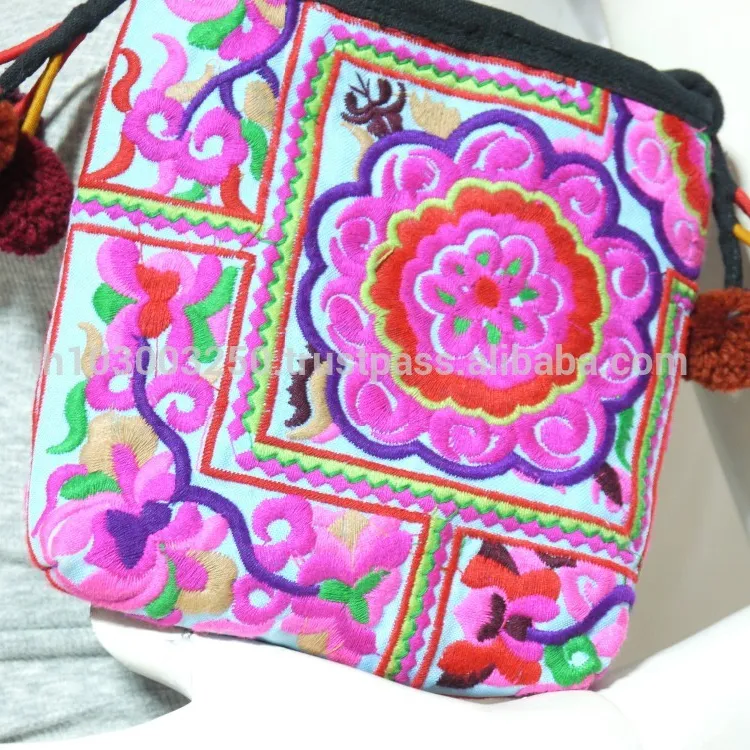 VTG HIPPIE BOHO Thai Pom Pom Handmade Embroidery Yamm Pouch hmong Hill Tribe Bag Small String Bag Messenger Crossbody U