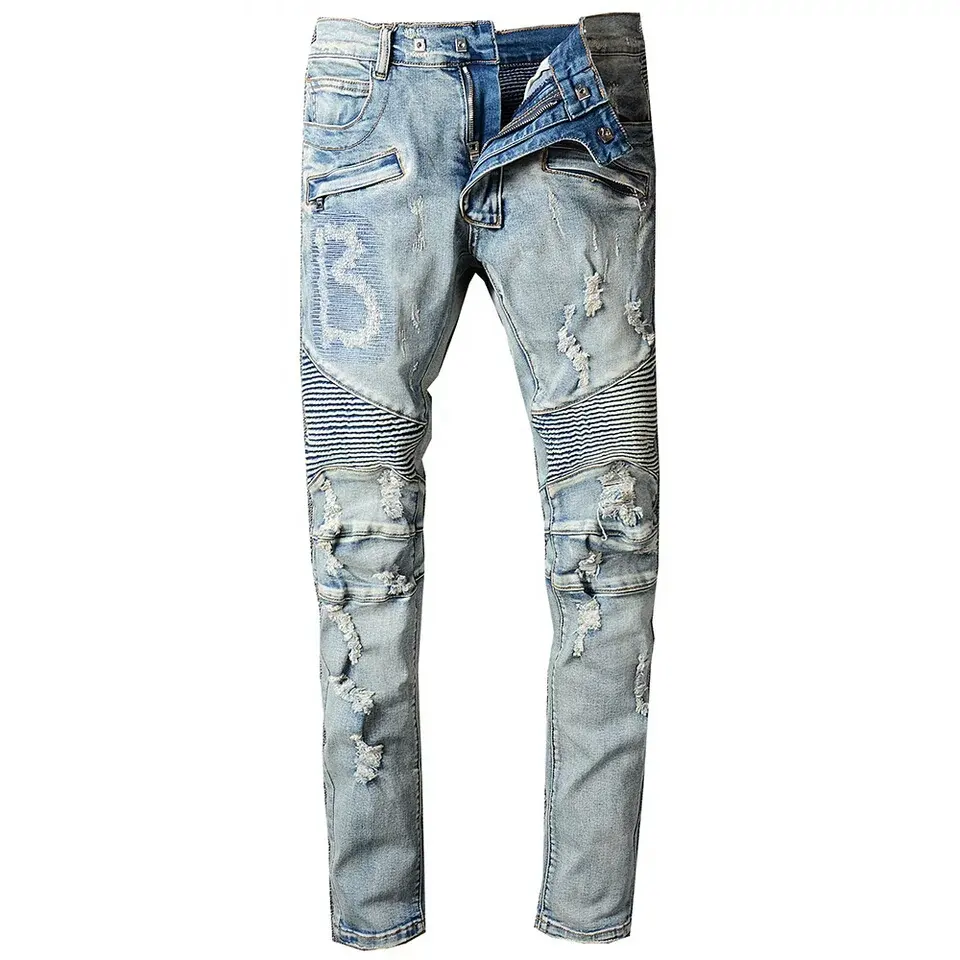 Herren Vintage hellblaue Löcher zerrissen Biker Jeans für Motorrad lässig plissiert zerrissen Stretch Denim schlanke Hose