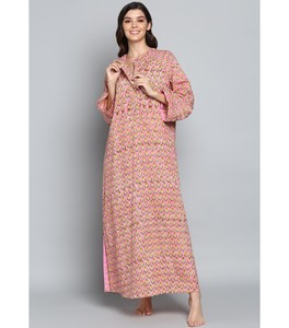 Elegante vestido de noche de mujer de algodón con estampado de bloque de mano rosa con motivo de flor amarilla manga larga y detalle de cremallera - Product Image 1