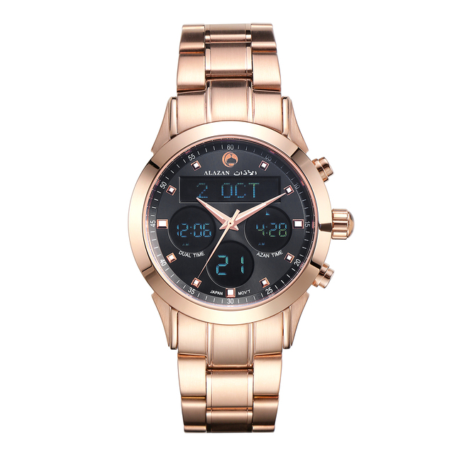 Alazan Factory Wholesaler Muslim Azan Alfajr Leather Man Rose Gold Pray Qibla Compass Waterproof Dual Time Wrist Watch Supplier