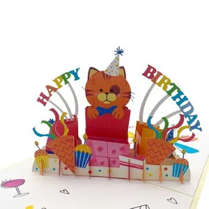 Happy วันเกิดลูกแมวของขวัญ Pop Up Card Kirigami หัตถกรรมวันเกิด Pop Up การ์ด3d Papercraft