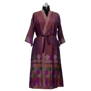 Vestido indiano de seda, vestido longo com estampa de patchwork, sari, roupão de dormir, maxi, étnico, praia, kimono