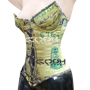 Overbust Steelboned New Design Money Print Satin Pointy Cup Corset Top Fashion And Party Wear Satin Corset Vendors