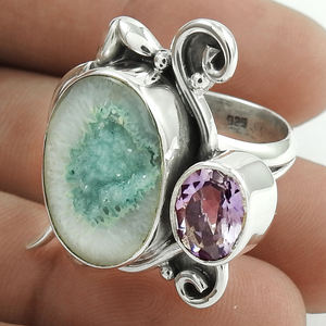 Sólido 925 plata esterlina Natural púrpura amatista Druzy piedra diseño único anillo clásico joyería hecha a mano para fiestas de cumpleaños - Product Image 1