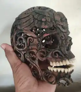 Tallado de madera de calavera de alta calidad, 100%, arte popular coleccionable hecho a mano, identificación coleccionable de EE. UU. Antigua, 10127097