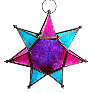 Iron made Star Shape Home Decorative Candle lantern with pink blue glass fitted Moroccan Hanging Lantern for Wholesale