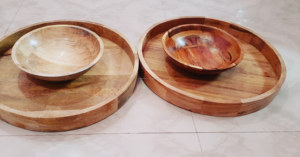 Plateau de service en bois rond, pour le petit déjeuner, décoration faite à la main, avec poignée, plateau rond en bois, meilleure qualité - Product Image 4