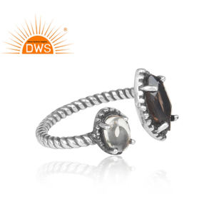 Cristal Quartz Fumé Gemme Argent Sterling Oxydé Face Bague Bijoux Fabricant Collection Classique - Product Image 3