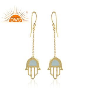 Pendientes Colgantes de Mano de Hamsa en Plata Chapada en Oro Amarillo, Proveedor de Pendientes de Calcedonia Agua Facetada, Joyería Colección Clásica - Product Image 3