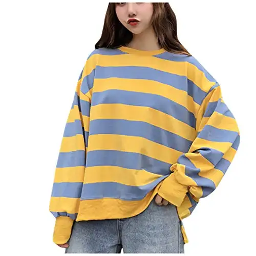 Panel Striped design Long Sleeve Drop Shoulder Oversized T Shirts Custom Logo Girls T Shirts Wholesale