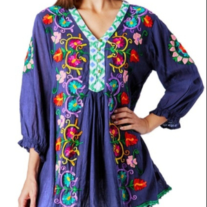 Boho Floral Embroidered Cotton Midi Dress V-Neck <b>Three</b> Quarter Sleeve Loose Fit Summer Casual Women's Tunic Rajasthan In-Stock - Product Image 1