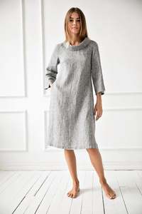 Robe en lin pour femme 2021, design croisé, manches 3/4, col bénitier, asymétrique, unie, teinte unie, formelle, sexy, mi-longue, silhouette ample - Product Image 2