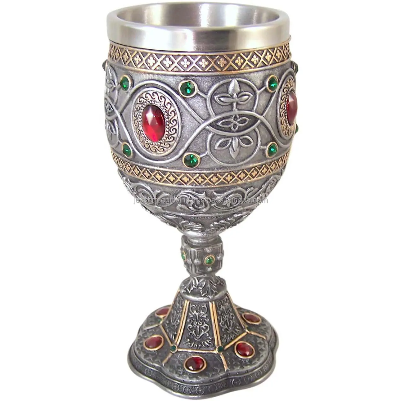 Taklidi mücevherli kutsal kase ile Metal kadeh gümüş kaplama ve kabartmalı tasarım