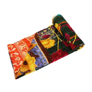 Двустороннее винтажное одеяло kantha индийское двустороннее сшитое вручную тяжелое покрывало для старых Сари-одеяло для работы от 3 до 7 слоев