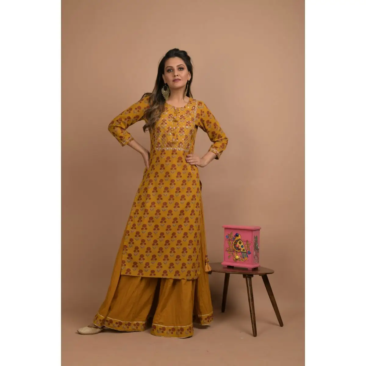 Latest Cotton Mustard Yellow Ethnic Kurta And Sharara Set Indian style dress