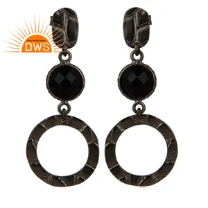 Natural Black Onyx Gemstone Earrings Suppliers Black Oxidized Texture 925 Silver Dangle Drop Earrings Jewelry