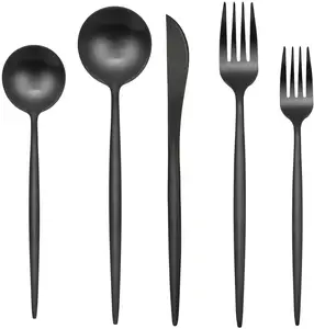 Matte Hitam Perak Sendok Garpu Set 5 Pcs Finish Stainless Steel Sendok Teh Sendok Garpu Buah Garpu Spreader-dengan KSN