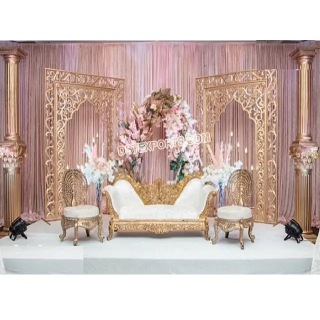 Elegant Punjabi Sikh Wedding Ceremony Stage Classic Roman Style Golden Wedding Stage Great Indian Wedding Stage Decoration