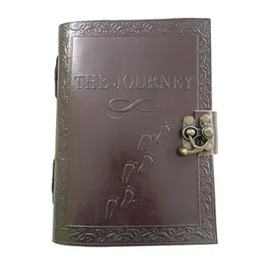 Pu Leather Travel Diary Genuine Journal with Lock High Quality Infinity and Foot Print Embossed Bound Journal Writing Notebook