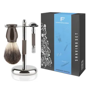 Bán Buôn Kim Loại Chrome Xử Lý 2 Blades Razor Đen Badger Cạo Brush Kit Set Cho Nam Giới