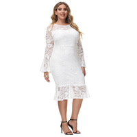 Robe crayon en dentelle à volants pour femmes, manches longues, col ras du cou, grande taille