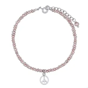 <b>Silver</b> Peace Sign in Pearls <b>Bead</b> Chains <b>Bracelet</b> - Product Image 1