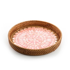 Rattan Wicker Trays with Mother of Pearl Inlay MDF Base and Insert Handle for Fruit Serving, <b>Coffee</b> <b>Table</b> Trays Handmade - Product Image 3