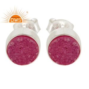 Boucles d'oreilles à clous en argent 925, boucles d'oreilles rondes en pierre précieuse, druse rose, fabricant de bijoux fins, vente en gros - Product Image 1