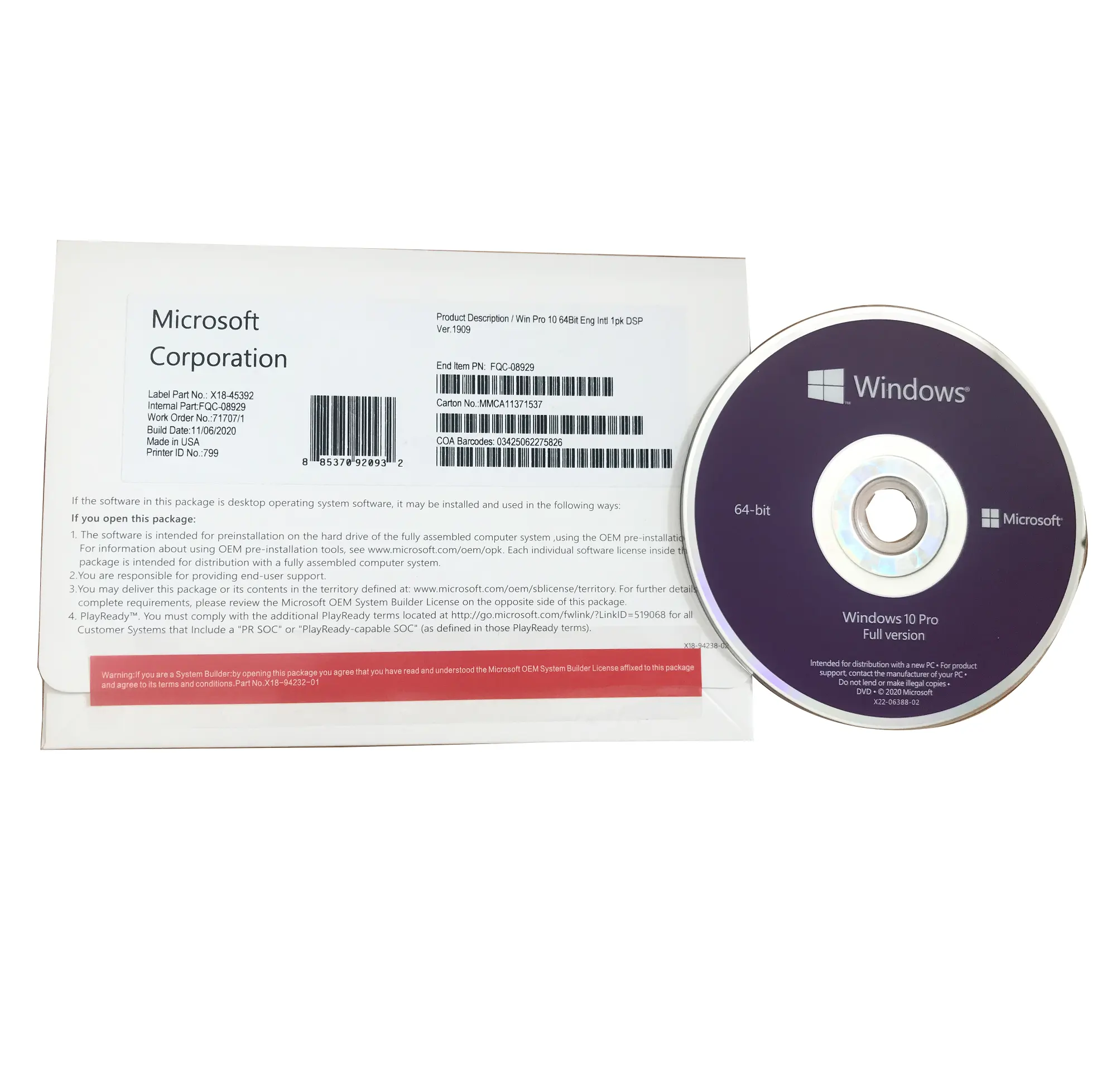 Clave de Activación Original para DVD, licencia de por vida, OEM, Windows 10, 64 bits, 1 unidad en inglés